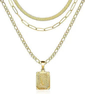 Memgift Gold Layered Necklace Set 3 PCS for Women Girls Dainty Trendy Paperclip Snake Choker Gold Filled Stainless Steel Figaro Chain Layering Necklaces Jewelry Gifts Square Pendant Letter A-Z