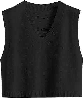 Romwe Women's Knit Sweater Vest Women Crop Y2K Sweater Vests V Neck Sleeveless JK Uniform Pullover Knitwear Tops