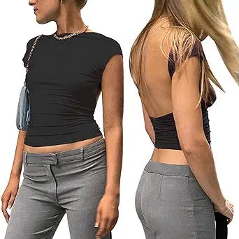Get Y2K-Ready with the ForeFair Women Sexy Backless Short Sleeve Slim Fit C