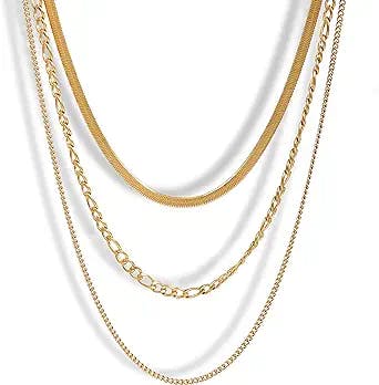 Elegance 11 designs 14k Real Gold Plated Non-Tarnish Layered Herringbone Figaro Chain Stainless Steel Flat Snake Chain Gold Necklaces Set For Women Girls