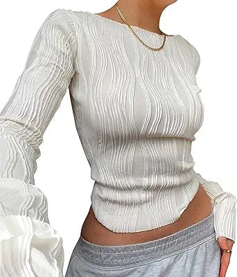 MISSACTIVER Women's Sexy Textured Ruched Long Sleeve Crop T-Shirts Casual O-Neck Slim Fit Solid Stretchy Crop Tee Shirt Tops