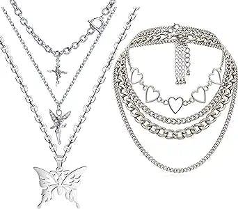 DXZNBEST Butterfly Pendant Heart Chains Y2K Jewelry Necklace Angel Layered Choker Emo Aesthetic Chunky Chains for Eboy Egirl Women Men