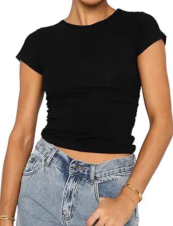 Womens Short Sleeve Crop Tops Basic Tees Slim Fit Going Out Tops Cute Summer Tops Tight Shirts Teen Girls Y2K Clothing