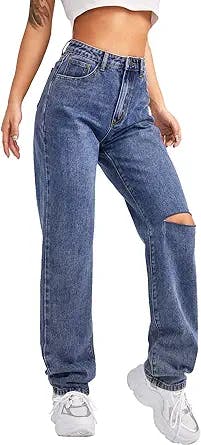 SweatyRocks Women's High Waist Slant Pocket Denim Jeans Ripped Straight Leg Pants