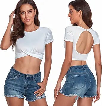 Neodelusion Stylish Backless T Shirt Slim Tight Workout Shirt Fit Short Sleeve Y2K Crop Top for Women