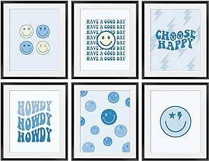 OGILRE Blue Smiley Face Preppy Trendy Howdy Inspirational Quotes Have A Good Day Wall Art Decorations Prints, Preppy Dorm Posters, 8x10 Inch 6 Set UNFRAMED