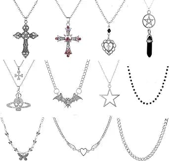 11Pcs Punk Vintage Necklace Set Goth Grunge Saturn Star Indie Butterfly Boho Crystal Y2k Cross Pendent Heart Wing Statement Choker for Women Men