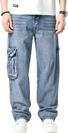 EnllerviiD Men's Jeans with Cargo Pockets Loose Comfort Hip Hop Denim Straight Relaxed Fit Multi Pockets Jeans