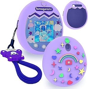 Silicone Cover Case for Tamagotchi Pix Interactive Virtual Pet Game Machine, Protective Skin Sleeve Shell for Tamagotchi Pix with Finger Lanyard (Purple Cover)