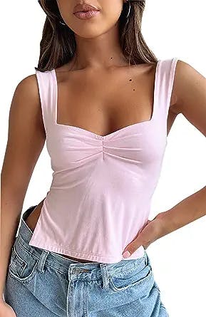 BAIGRAM Women’s Sleeveless Slim Crop Tank Top Sexy Pleated Bustier Sweetheart Neck Strappy Slits Cropped Vest Cami