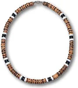 Native Treasure - Tiger Brown Coco 2 Black Coco 2 White Clam Heishe Puka Shell Surfer Necklace - 8mm (5/16")