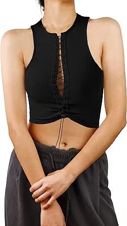 Meladyan Women Lace Up Front Crop Tank Top Round Neck Sleeveless Hollow Out Slim Fit Ribbed Crop Cami Vest