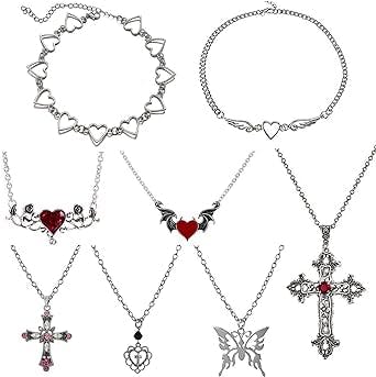 Cysincos Grunge Gothic Necklace Jewelry Set Goth Necklaces for Women Punk Jewelry, Heart Choker Necklace, Ruby Necklace, Bat Necklace, Cross Necklace, Butterfly Necklace, Heart Necklace