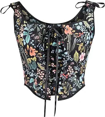 Womens Sexy Bustier Corset Top Y2K Eyelet Lace-up Floral Print Push Up Crop Tops Vintage Tank Top Party Clubwear Bodice
