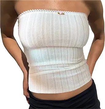 Women Lace Trim Strapless Tube Top Y2k Off Shoulder Backless Bandeau Top Knitted Aesthetic Crop Tank Top