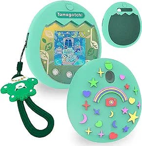 Silicone Cover Case for Tamagotchi Pix Interactive Virtual Pet Game Machine, Protective Skin Sleeve Shell for Tamagotchi Pix with Finger Lanyard (Green Cover)