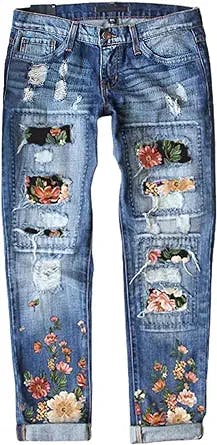 EVALESS Ripped Jeans for Women Plaid Patch Boyfriend Skinny Distressed Denim Jean Pants