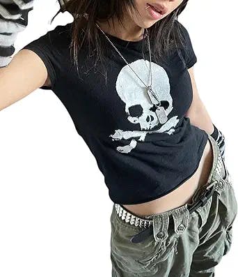 Women's Gothic Crop Tops Skull Print Short Sleeve Round Neck T-Shirt Basic Summer Graphic Tee Y2k E-Girl Grunge Shirts
