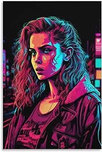 VOYNEE Colorful Futuristic Cool Synthwave Retro Anime 90s Girl Poster Frame Hanger Posters Canvas Decorative Hanging Painting Wall Art Decor Room 12x18inch(30x45cm)