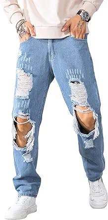 WDIRARA Men's Cut Out Ripped Frayed Zipper Fly Long Straight Leg Denim Jeans