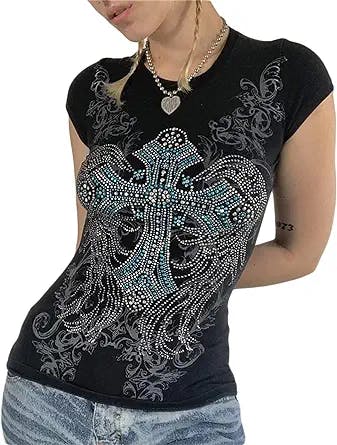 Rhinestone T Shirts for Women Fairy Grunge Clothes Cross Wings Print Short Sleeve Tops 2000s Tees