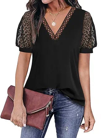 Womens Tops 2023 Trendy Summer Shirts Hollow Lace Puff Short Sleeve V Neck Blouses