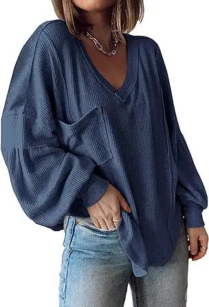 BTFBM Women's Casual V Neck Ribbed Knitted Shirts Pullover Tunic Tops Loose Balloon Sleeve Solid Color Blouses Top