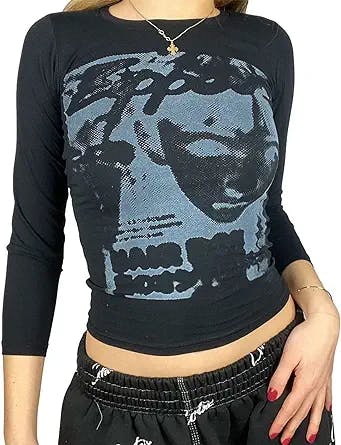 Womens Face Potrait Print Long Sleeves Crop Top Y2k Graphic Crew Neck T-Shirt 90s Vintage Slim Fit Blouse Tops Streetwear
