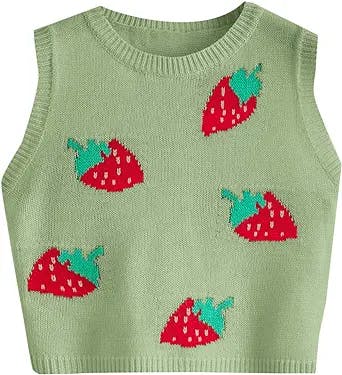 Floerns Women's Sleeveless Round Neck Cute Strawberry Sweater Vest Crop Shirt Top