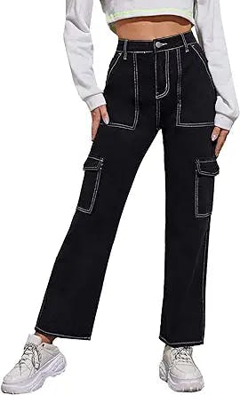 SOLY HUX Women's High Waisted Pocket Side Denim Pants Straight Leg Cargo Jeans