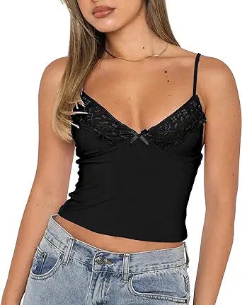 SAFRISIOR Women Sleeveless Spaghetti Strap Lace Crop Tops Camis Y2K Plunge V Neck Backless Camisole Crop Tank Tops