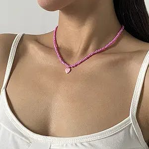 Jumwrit Colourful Beaded Choker Necklaces Handmade Heart Pendant Necklaces Cute Necklaces for Women Teens and Girls（Pink）