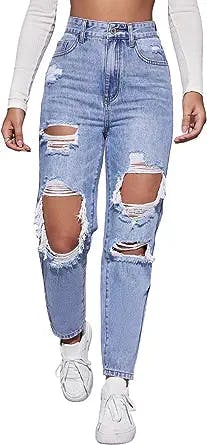 MakeMeChic Women's High Waist Straight Leg Ripped Jeans Distressed Denim Pants