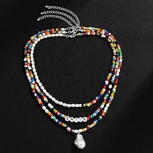 Oyalma Y2K Rainbow Beads Choker Necklace For Women/Men Boho Layered Pearl/Letter Beaded Chain Necklace On The Neck 2021 Fashion Jewelry - Colorful