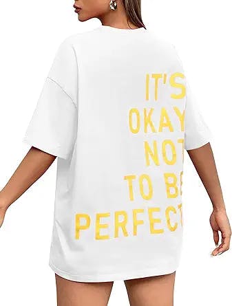 BAIGRAM Women’s Oversized Slogan Graphic Tee Top Aesthetic Y2k T Shirt Drop Shoulder Round Neck Longline Shirt