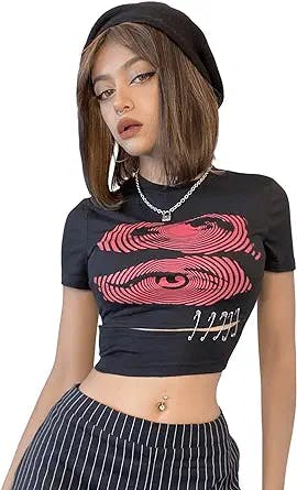 SweatyRocks Women's Y2K Print Crop Tops Punk Graphic Summer Short Sleeve Tee T-Shirts E-Girls Teen Clothes