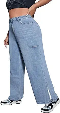 WDIRARA Women's Plus Size High Waisted Wide Leg Split Hem Ripped Loose Jeans Pants