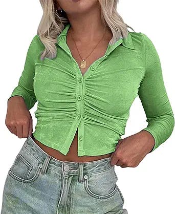 Women Sexy Shirt Y2k Long Sleeve Button Down Ruched Crop Top E-Girl Solid Bodycon Blouse Streetwear