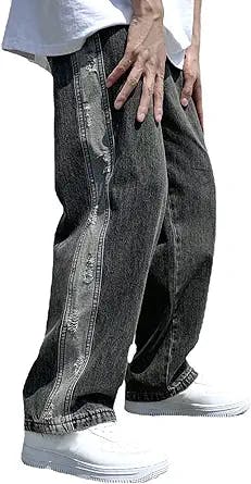 Men's Baggy Wide Leg Hip Hop Straight Denim Pants Graphic Print Sweatpants Casual Novelty Jeans Trousers Streetwear