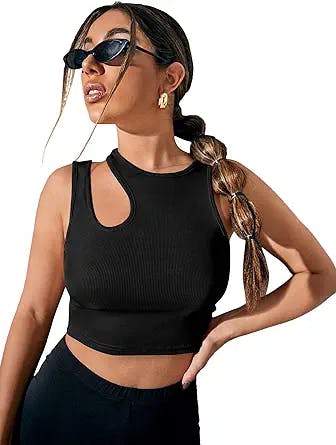 Verdusa Women's Cut Out Sleeveless Round Neck Slim Fitted Ribbed Tank Crop Top