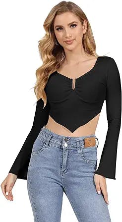 VNIRA Women’s Long Sleeve Ribbed Crop Top Scoop Neck Sexy Y2K Metal Front Asymmetrical Hem Tees Shirt