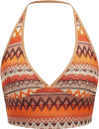 SOLY HUX Women's Boho Y2K Halter Top Chevron Print Backless Club Top Sexy Cami Crop Top for Women