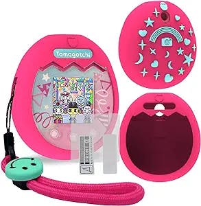 Silicone Cover Case Compatible with Tamagotchi Pix Virtual Pet Machine, Protective Skin Sleeve for Tamagotchi Pix Accessories Screen Protector with Hand Strap (Pink-Teal)
