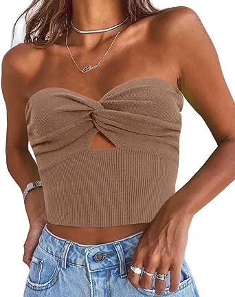 EFAN Womens Cut Out Twist Knot Front Tube Tops Bandeau Ribbed Knit Y2K Sexy Strapless Crop Tank Bustier Corset Top