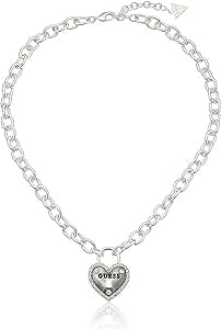 GUESS "Basic" Silver Framed Heart Logo Pendant Necklace, 18" + 2" Extender