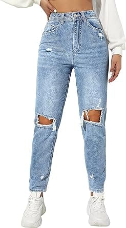 SweatyRocks Women's Ripped Boyfriend Jeans Distressed High Waist Silm Fit Denim Pants