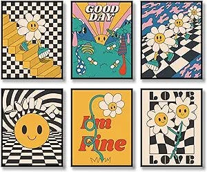 Hippie Wall Art Vintage Wall Decor Prints Set of 6 Hippie Flower Canvas 60s 70s Retro Posters Abstract Minimalist Happy Face Photos Boho Pictures for Living room Bedroom (C, 11"x14" UNFRAMED)