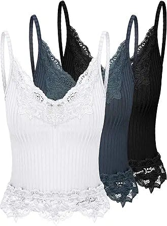 3 Pcs Women's Lace Tank Tops Y2k Camisole Tops Lace Patchwork Crop Tops Grunge Style Ribbed Knitted Tank Tops