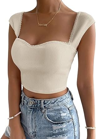 BAIGRAM Women Sweetheart Neckline Crop Tee Top Ribbed Knit Lace Patchwork Cap Sleeve Y2k Vintage Casual Shirt