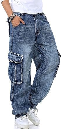 Yeokou Men's Casual Loose Hip Hop Denim Work Pants Jeans with Cargo Pockets